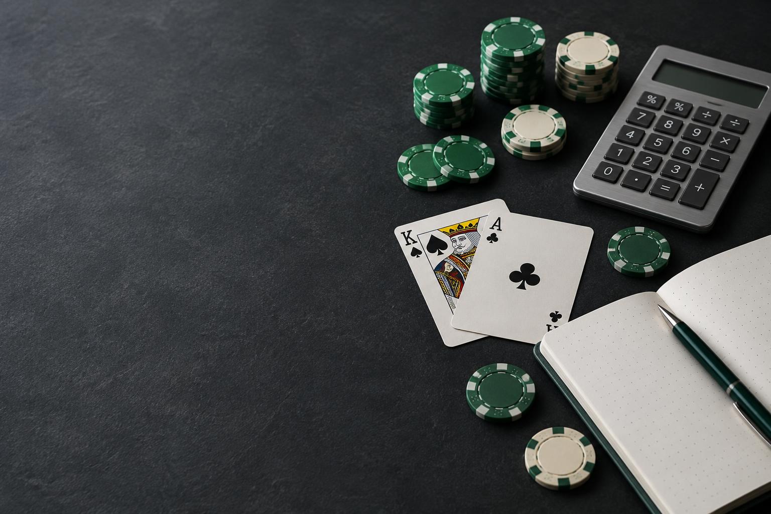 Casino chips, playing cards and a research notebook